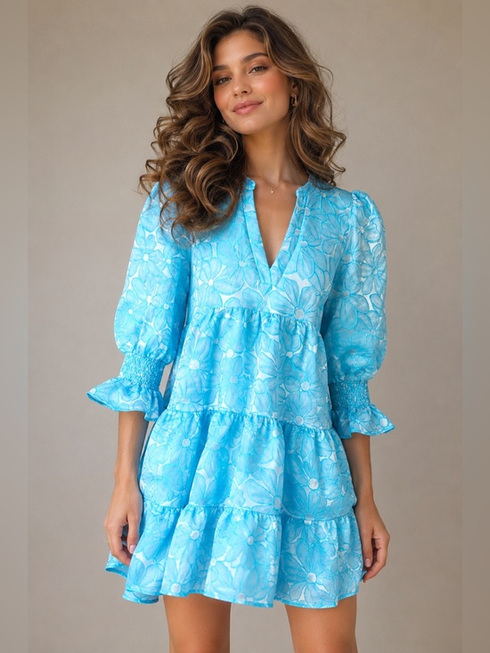 Pomander Place Dresses & Skirts - NWT Pomander Place Blue Floral Puff Sleeve Tiered Mini Dress Medium